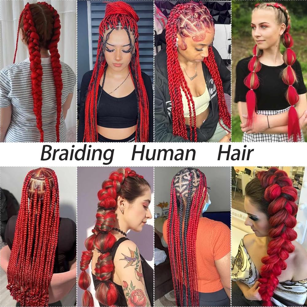 28 28 28 Inch Red Boho Human Hair Braiding Red Human Braiding Hair For Boho Braids Deep Wave Braids Bulk Bohemian 3 Bundles/Pack 150g
