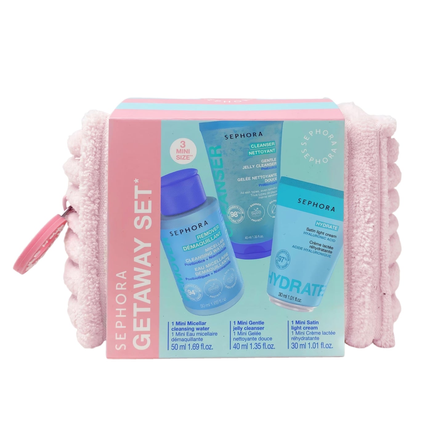 Sephora Collection Getaway Mini Essentials Set with Pouch – Satin Cream, Micellar Water & Jelly Cleanser – Travel Size Skincare