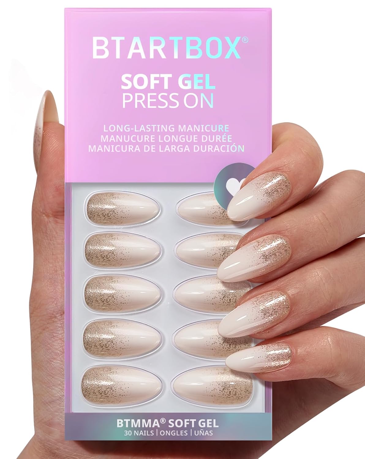 French Tip Press On Nails - Silver Bells | Lamp-Curable Short Almond Design, 16 Sizes, 32 Soft Gel Kit