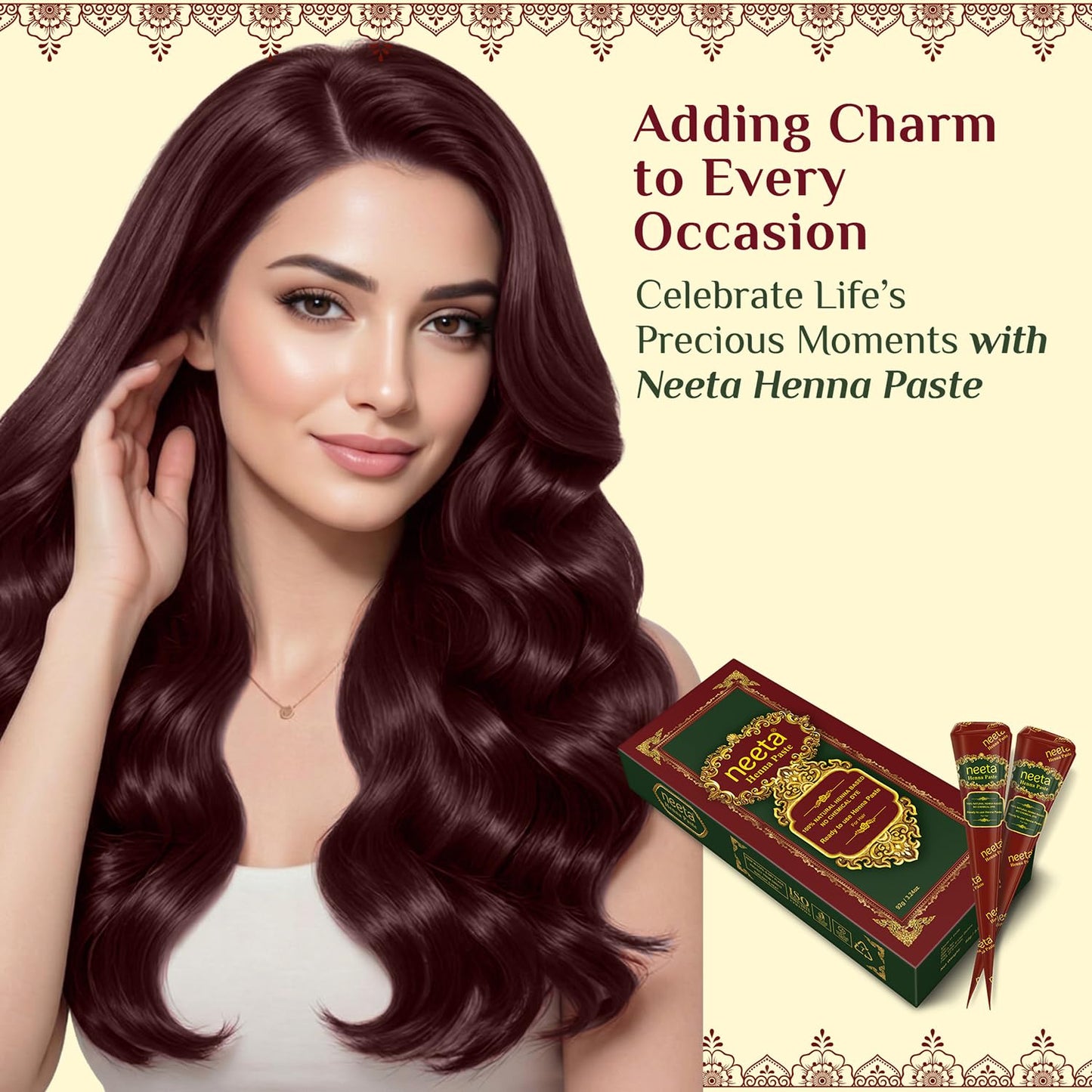 Neeta Ready-to-Use Henna Paste for Hair – Herbal Henna-Based Formula – Reddish Brown – Pack of 4 Cones