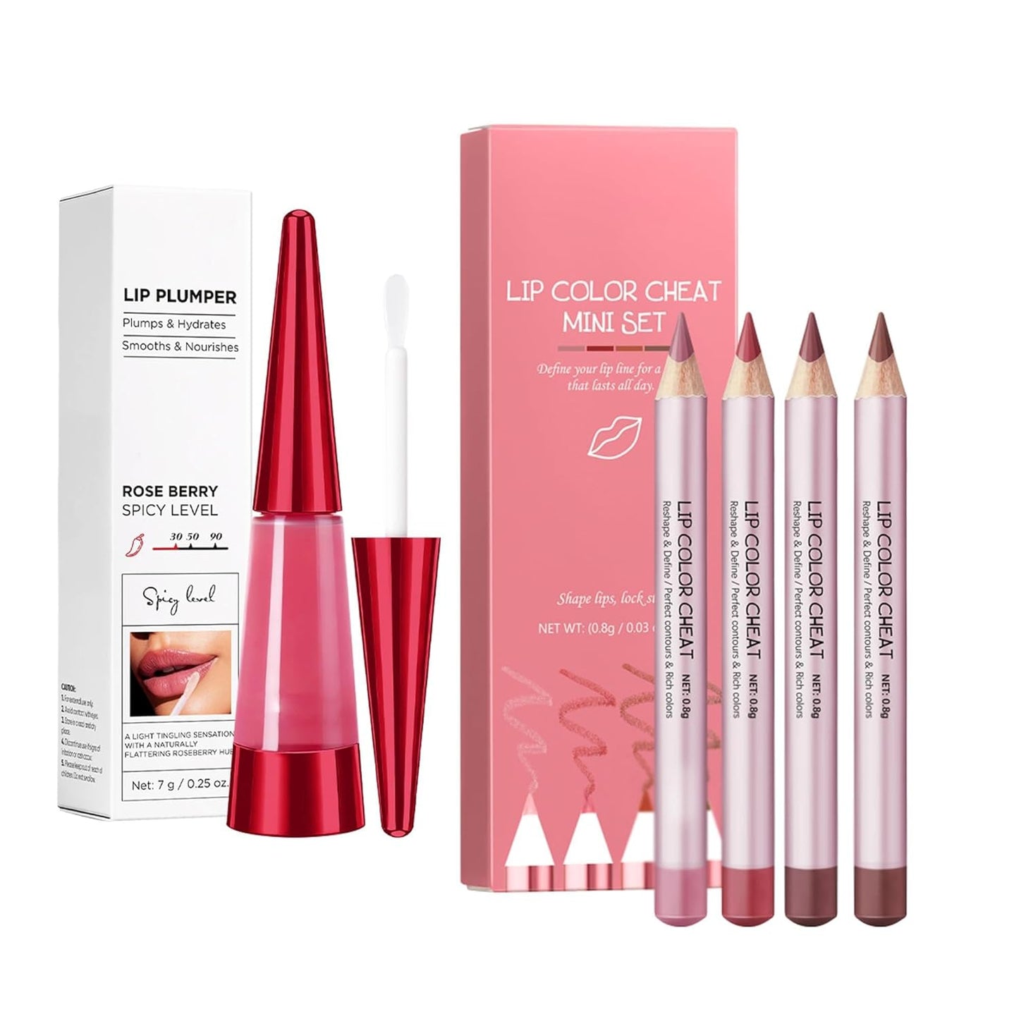 2-in-1 Lip Makeup Kit - Nude Lip Liner Pencil Set & Rose Berry Lip Plumper Gloss | Long-Lasting Contour for Women