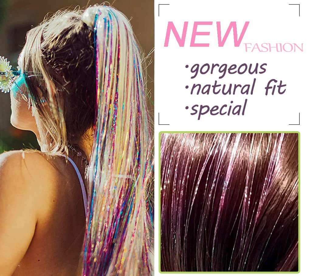 Hair Tinsel Kit 12 Colors, 2500 Strands 48 Inches Sparkling Hair Extensions With Tool, Fairy Hair for Birthday Halloween Christmas New Year Party