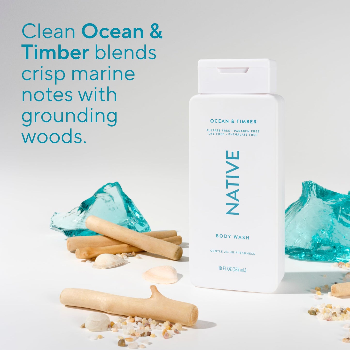 Native Body Wash Contains Naturally Derived Ingredients | For Women & Men, Sulfate, Paraben, & Dye Free Leaving Skin Soft and Hydrated | Ocean & Timber 18 oz