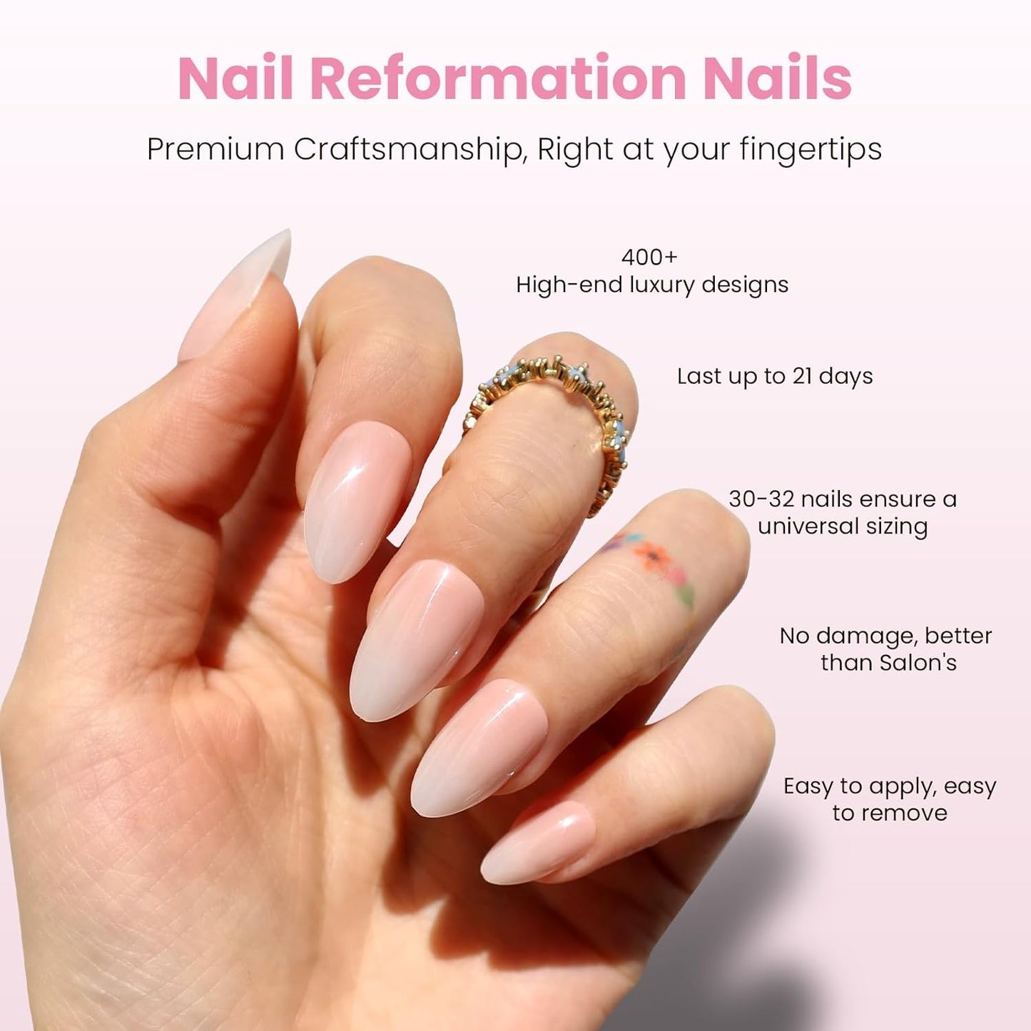 Press On Nails - Ombre Pink Short Almond | Natural Reusable Glazed Finish, 16 Sizes - 32 Nail Kit with Glue