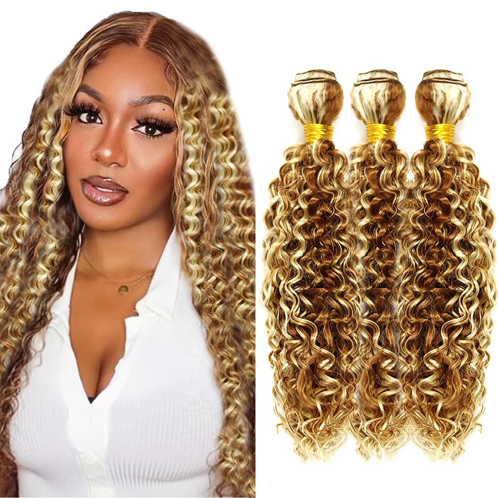 18 20 22 Inch P30/613 Highlight Blonde Bundles Human Hair 3 Bundles Brazilian Remy Hair 50 Grams/Bundle 10A Grade Unprocessed Virgin Hairs Water Wave Bundle Weaves Extensions