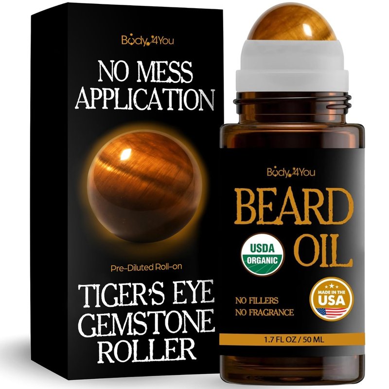 Organic Beard Oil for Men Roll On Beard Growth Oil Mens Conditioner - 9 Premium 100% Pure USDA Oils Jojoba Castor Argan - Mustache Natural Scent Vegan Shave Balm - Tiger Eye Stone Roller Bottle 1.7oz