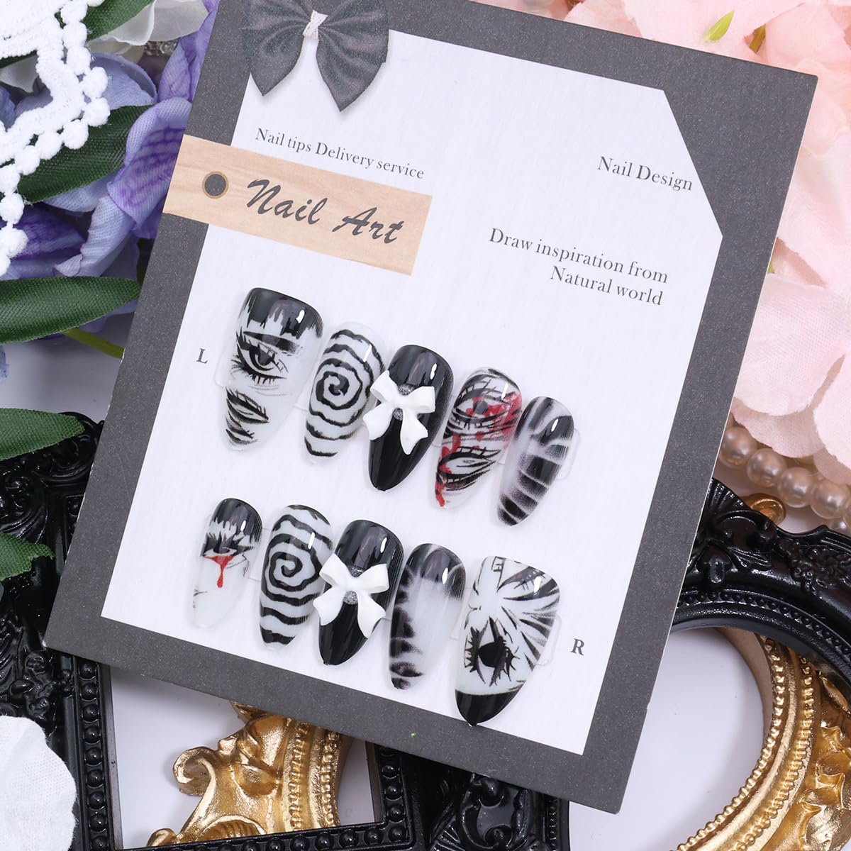 Gothic Press-On Nails - 30Pcs Medium Almond Fake Nails with Cute Bow Design | Black & White Horror Goth Styles