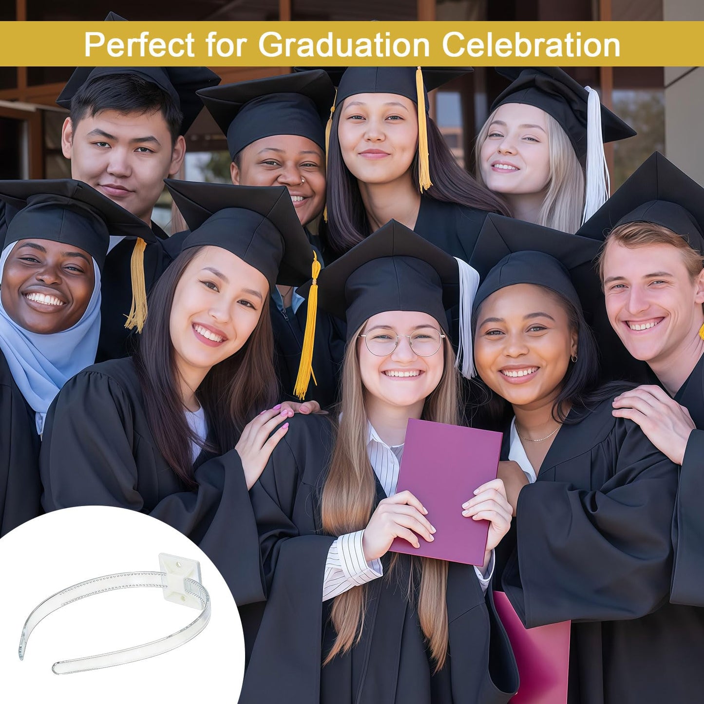 Pvoiue Graduation Cap Headband Insert 2026, Clear Acrylic No-Slip Grad Cap Fixer with Adhesive Base, Comfortable Grad Caps Accessory for Women Men with Thick/Curly Hair