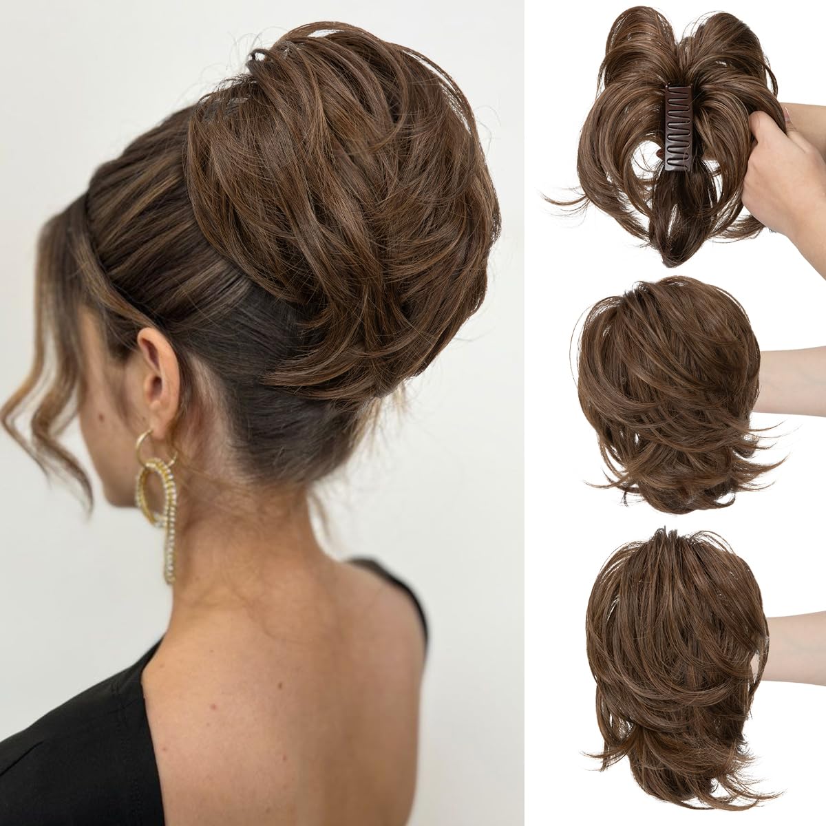 CJL Hair Claw Clip Short Ponytail Extensions - Bendable Metal Messy Bun Piece | Wavy Curly Synthetic Hair, Ash Grey