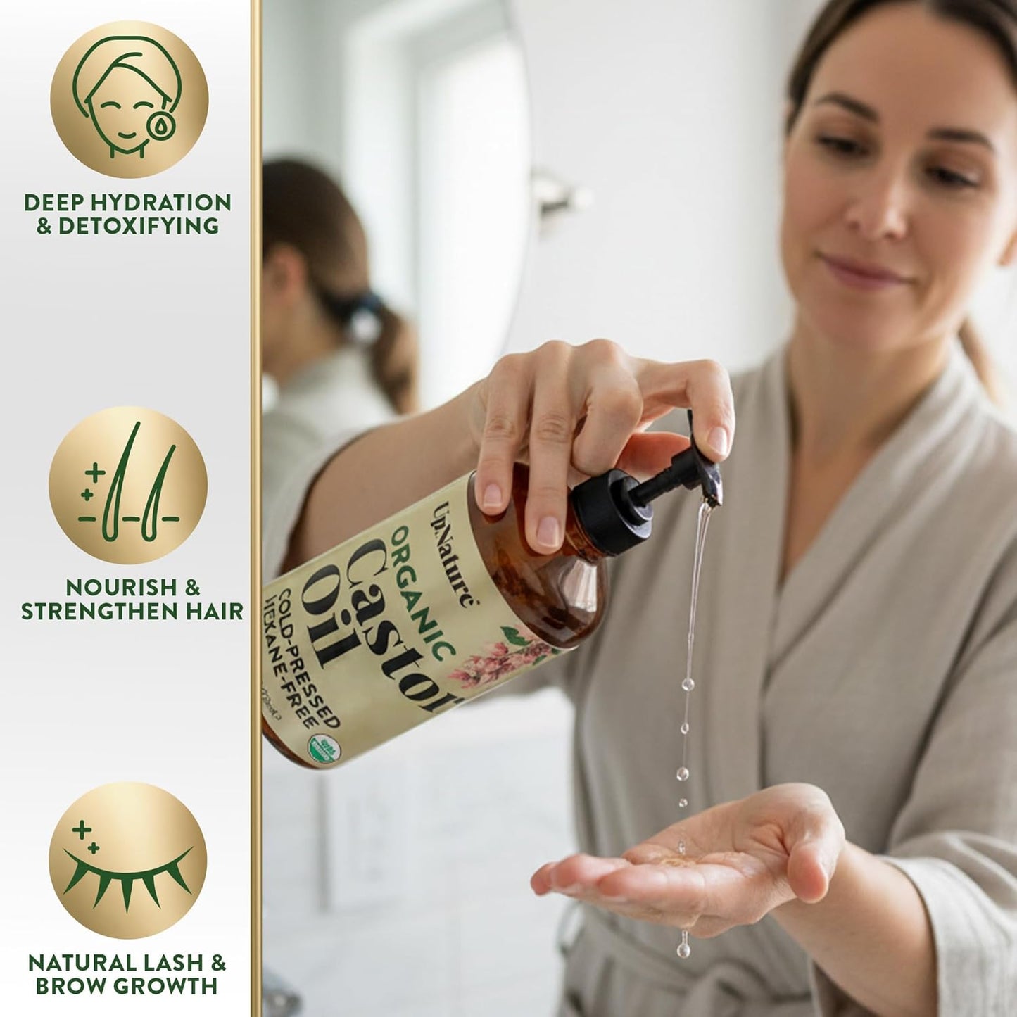 Organic Castor Oil - 100% Pure Cold Pressed 16oz Glass Bottle | USDA Certified, Hexane Free for Face, Hair & Skin