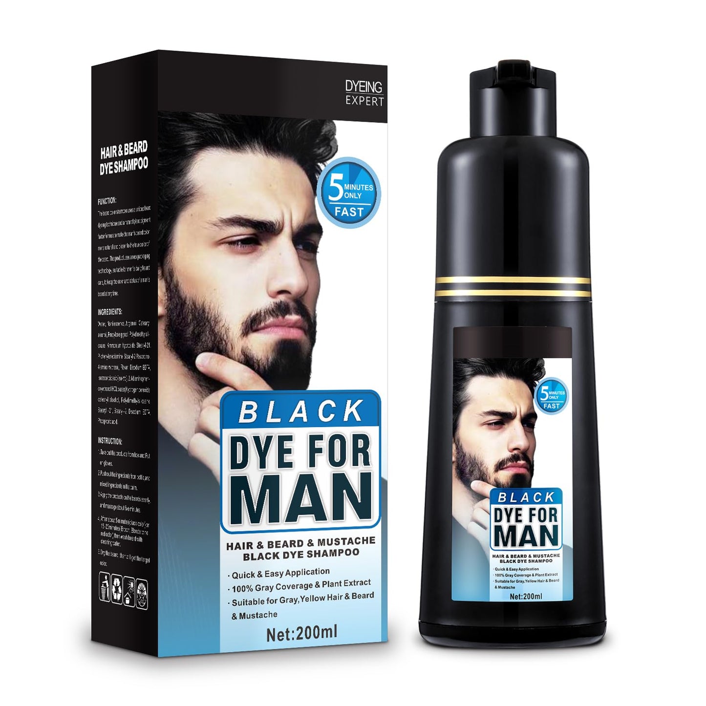 Men's Beard Dye Black 3-in-1 Natural Black Beard & Hair Dye Shampoo