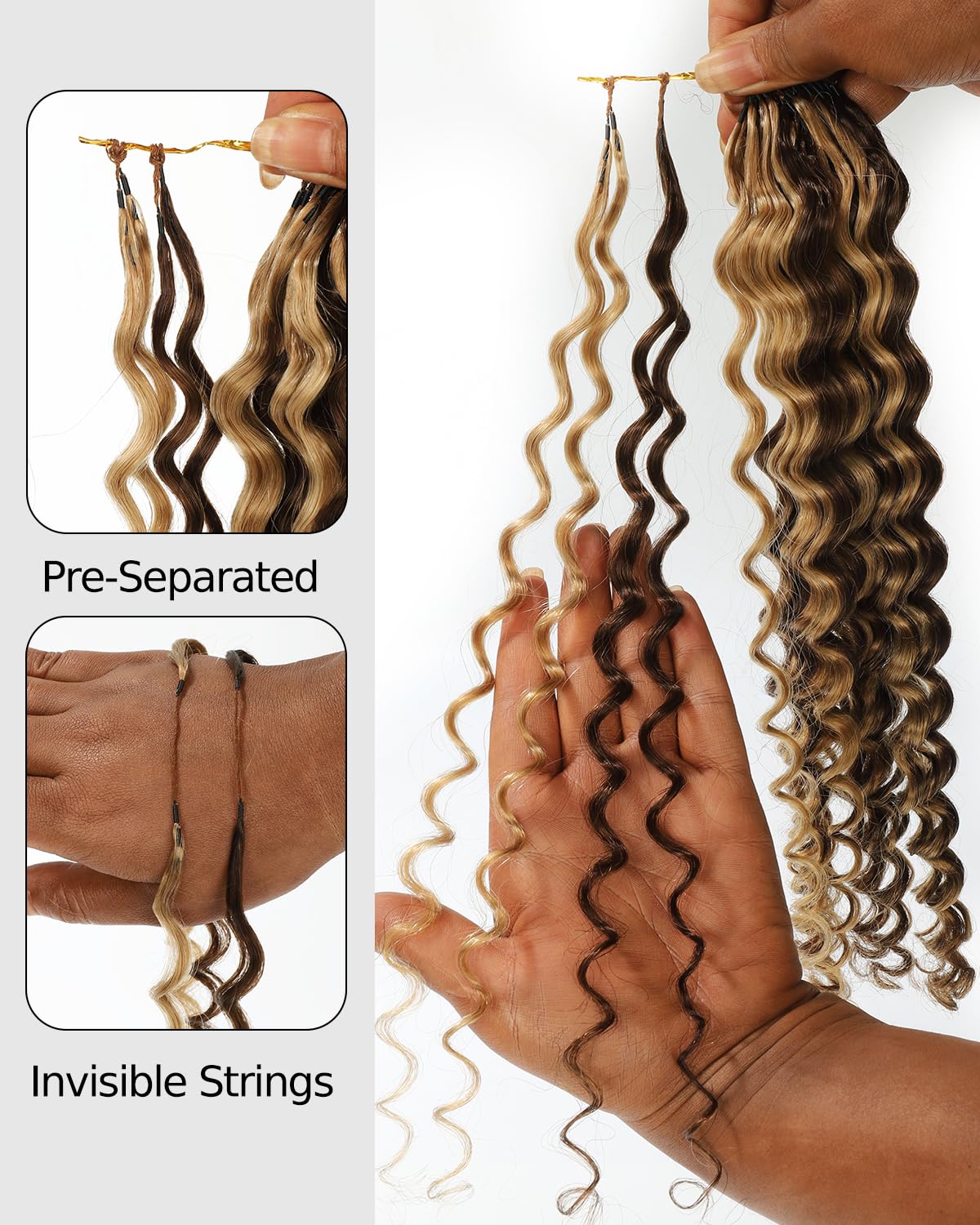 BEEOS Highlights Human Crochet Hair P4/27, Deep Wave Pre-Separated Miracle Knots Feather Crochet Hair for Women, Brown with Honey Blonde 16 Inch 40g