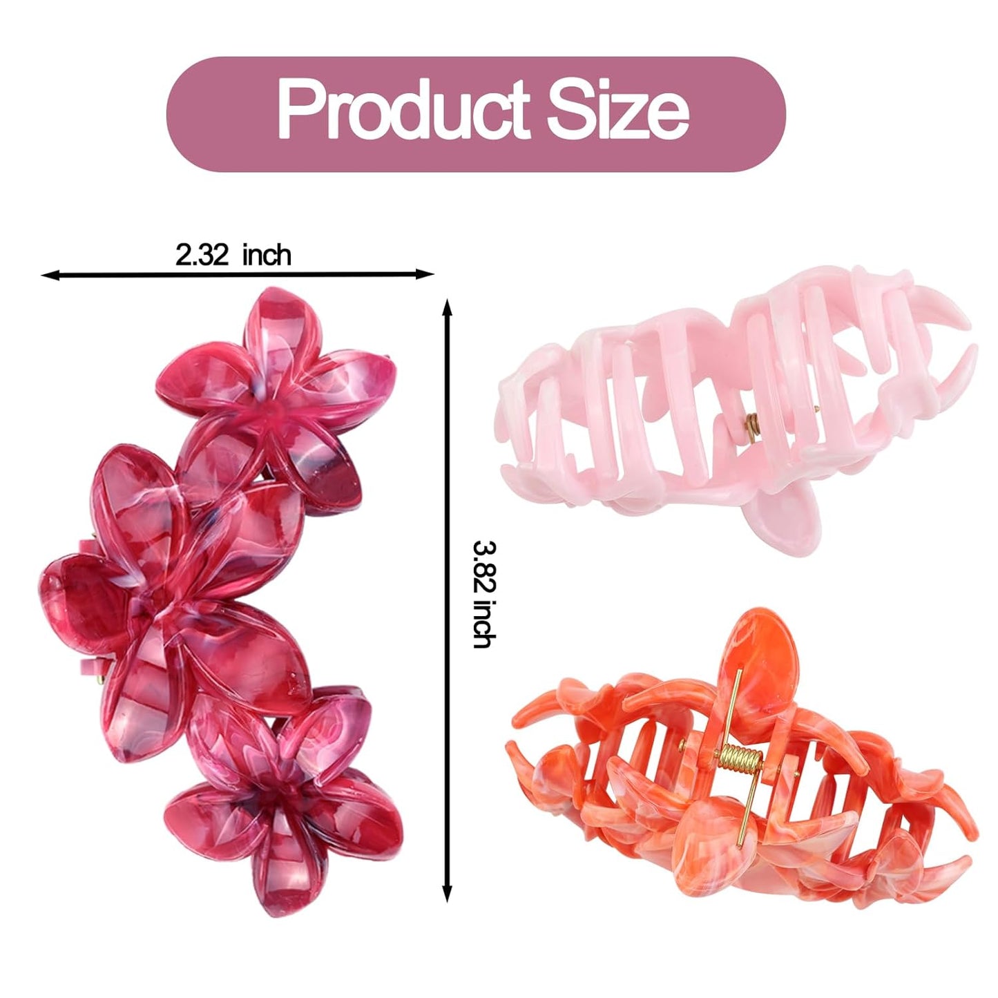 Cute Hawaiian Flower Claw Hair Clips - 4Pcs Large Clips for Thick or Thin Hair | Pink & Red Beach Accessories