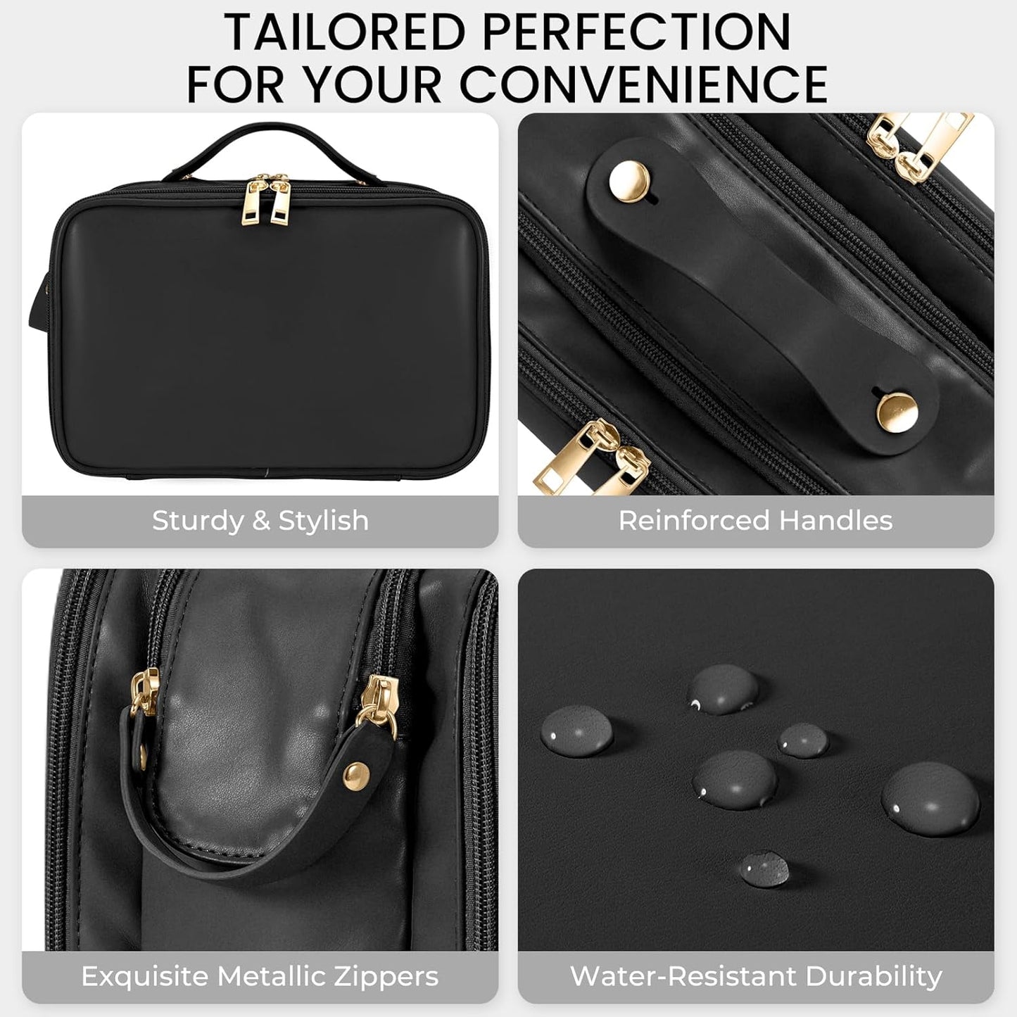 Travel Makeup Bag - Large Capacity Waterproof Organizer | Vertical Free-Standing Design, Easy Access - Black