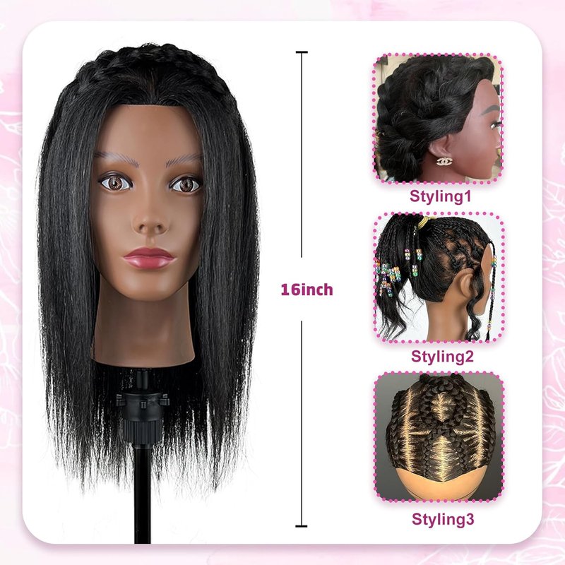 Human Hair Mannequin Head - 100% Real Hair Cosmetology Doll for Hair Styling | 16" Jet Black with Clamp Stand & Tools