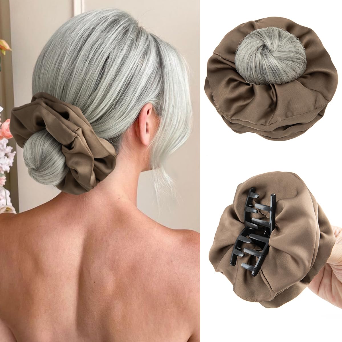 SARLA Small Sleek Claw Clip Hair Bun with Hair Scrunchies Hairpieces for Women Synthetic Elegant Updo Donut Chignon Ponytail Ease Use Grey Multi