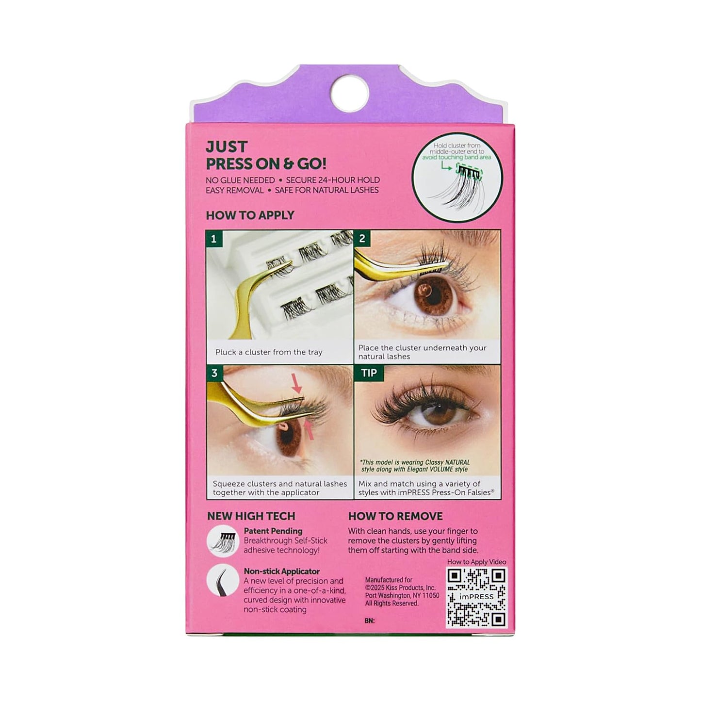 Press On Self Adhesive Eyelashes - Natural Volume 8mm-10mm Lashes with Purple Glitter | 12 Lash Clusters & Mini Applicator