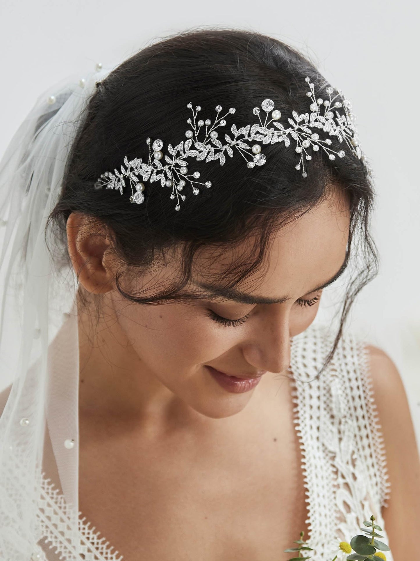 SWEETV Crystal Bridal Headpiece Silver Wedding Headband for Brides Pearl Hair Vine Rhinestone Hair Accessories for Women