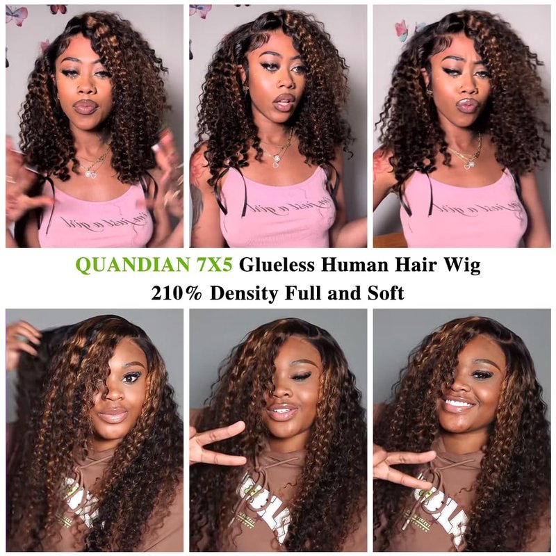 QUANDIAN Balayage Highlight Glueless Wigs Human Hair Pre Plucked Pre Cut 7x5 HD Lace 210 Density Deep Wave Lace Front Wigs Human Hair for Black Women Wear Go Drawstring Wig 18 Inch Ombre FB/30 Colored