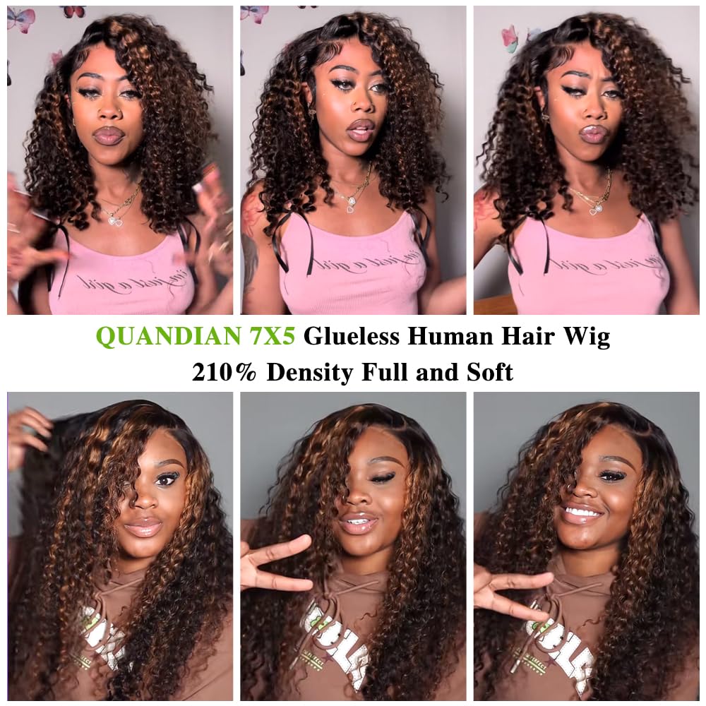 QUANDIAN Balayage Highlight Glueless Wigs Human Hair Pre Plucked Pre Cut 7x5 HD Lace 210 Density Deep Wave Lace Front Wigs Human Hair for Black Women Wear Go Drawstring Wig 18 Inch Ombre FB/30 Colored