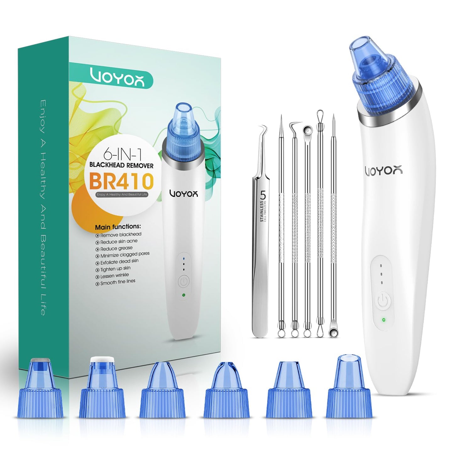 Blackhead Remover Pore Vacuum - Electric Face Cleaner with 6 Suction Heads for Acne & Whitehead Removal
