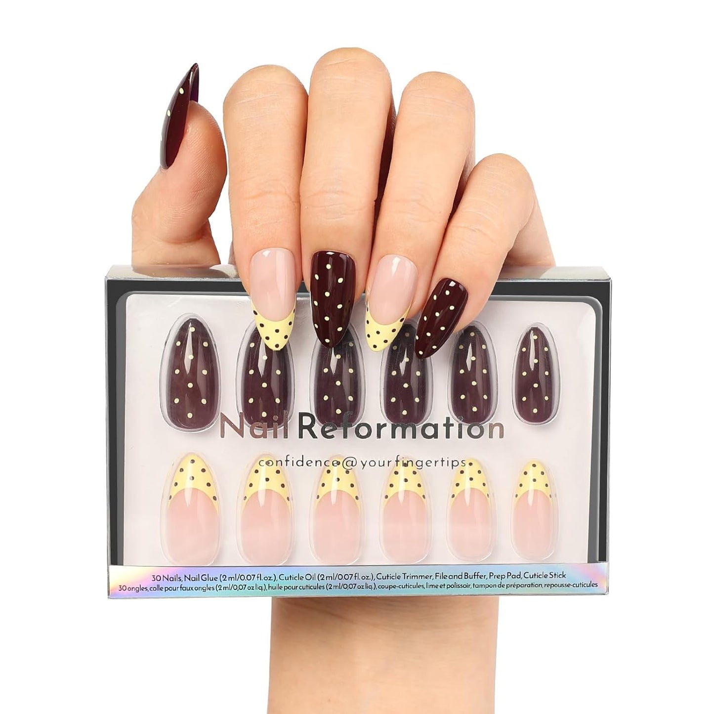 Press On Nails - Black Glitter French Tip Almond Shape | Reusable Glossy Finish in 16 Sizes - 32 Nail Kit for Women