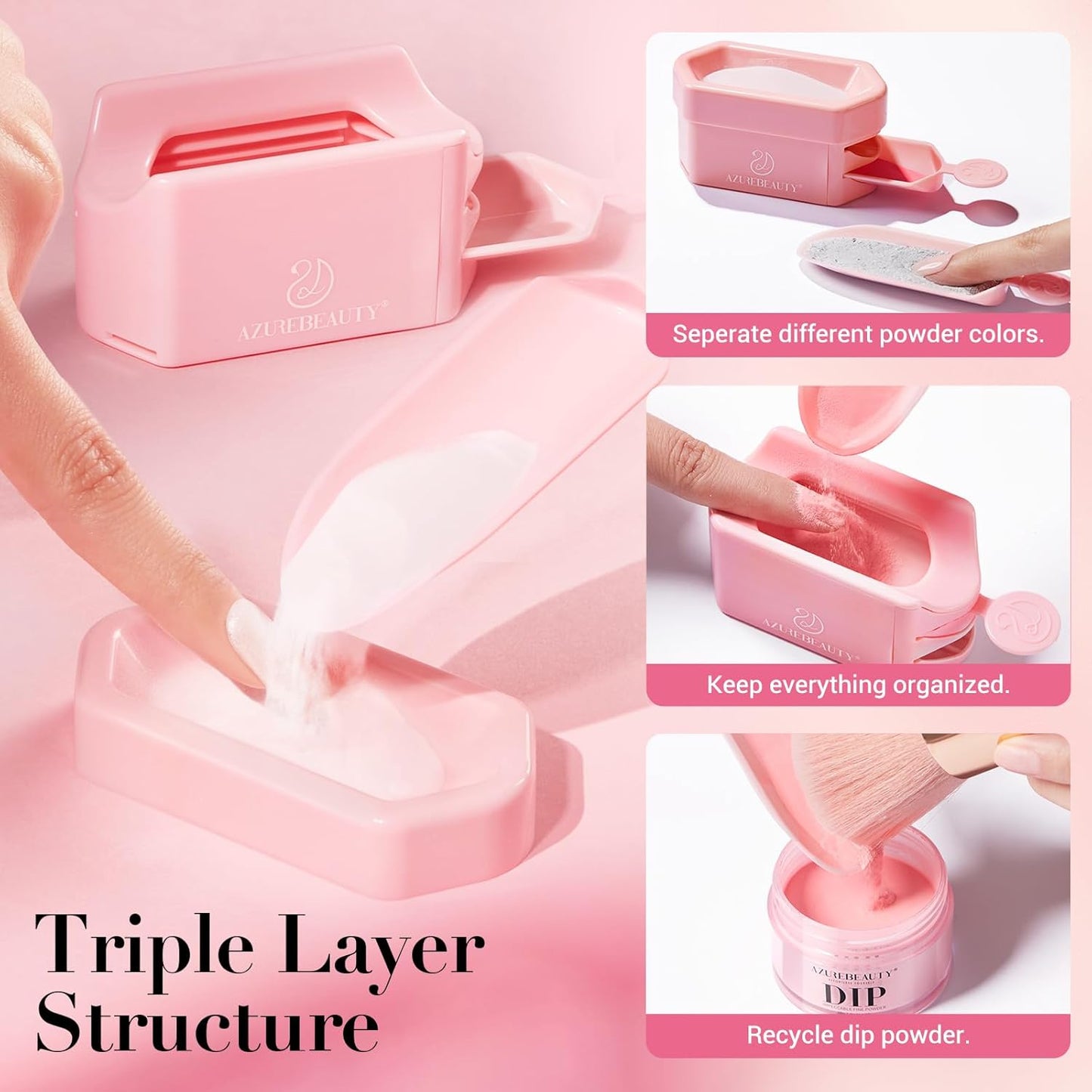Dip Powder Recycling Tray System - Triple Layer Nail Dip Powder Container with Tools | Essential Manicure Kit