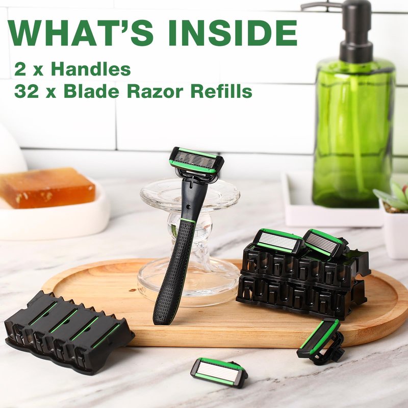 Leriton 34 Pcs Shaving Kit for Men Disposable Men's Razors Set Refillable 7-blade Razors Travel Shave Set Designed for Sensitive Skin, 2 Handle and 32 Razor Blade Refills