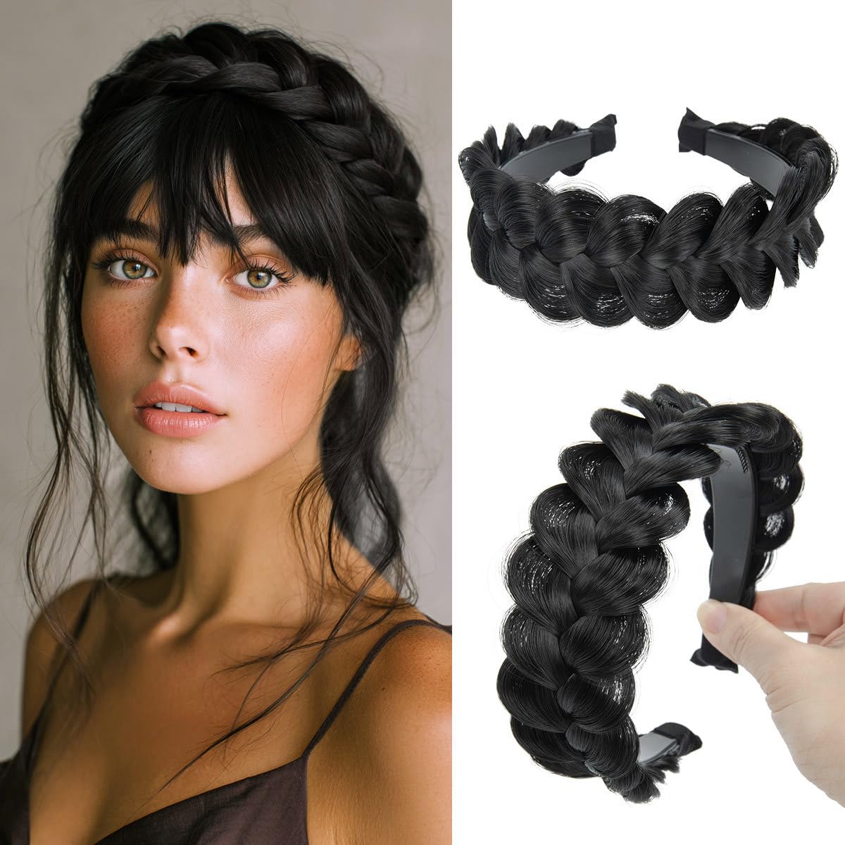 Braided Headbands for Women - Handmade Synthetic Hair Hoops with Teeth | Sand Color, 1PC