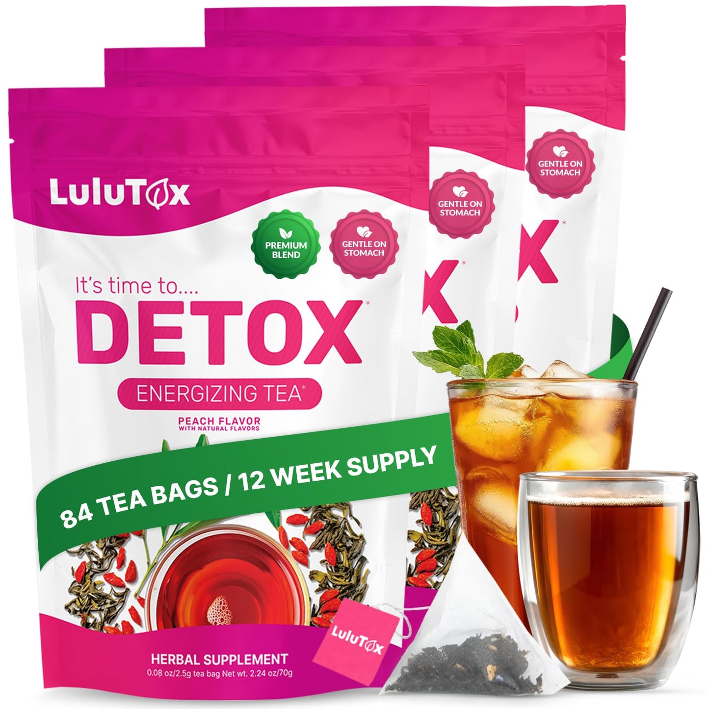 LULUTOX Detox Tea - Herbal Blend with Dandelion, Ginseng, and Ginger - Supports A Healthy Weight, Digestive Health - Vegan, All Natural, Laxative-Free - Peach Flavor (3 Pack x 28 Servings)