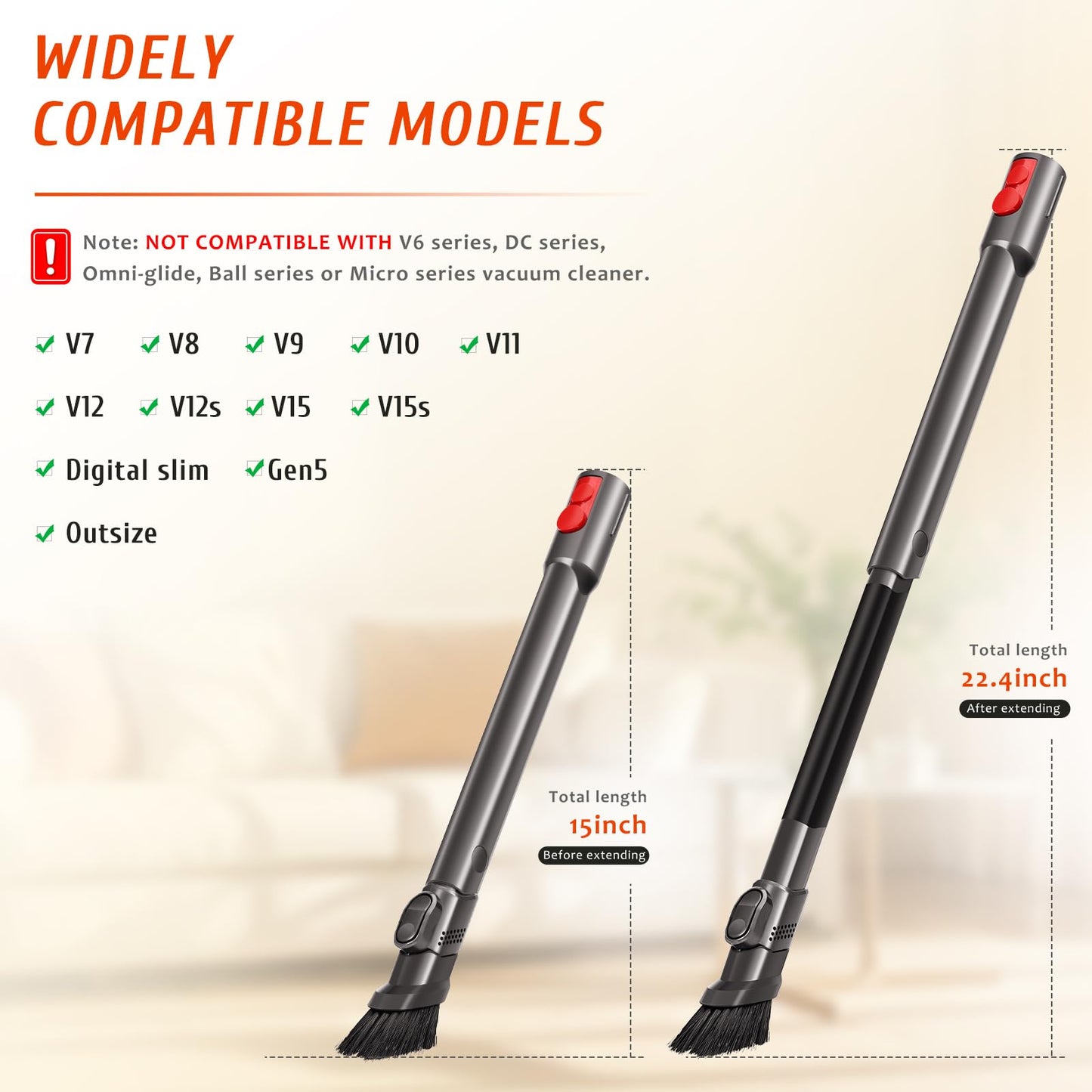 Flexible Crevice Tool Vacuum Attachments Compatible with Dyson V7 V8 V10 V11 V12 V15 Gen5 G5 Vacuum Cleaner 971433-01, Extendable Quick Release Slim Nozzle Brush for Hard-to-Reach Gaps