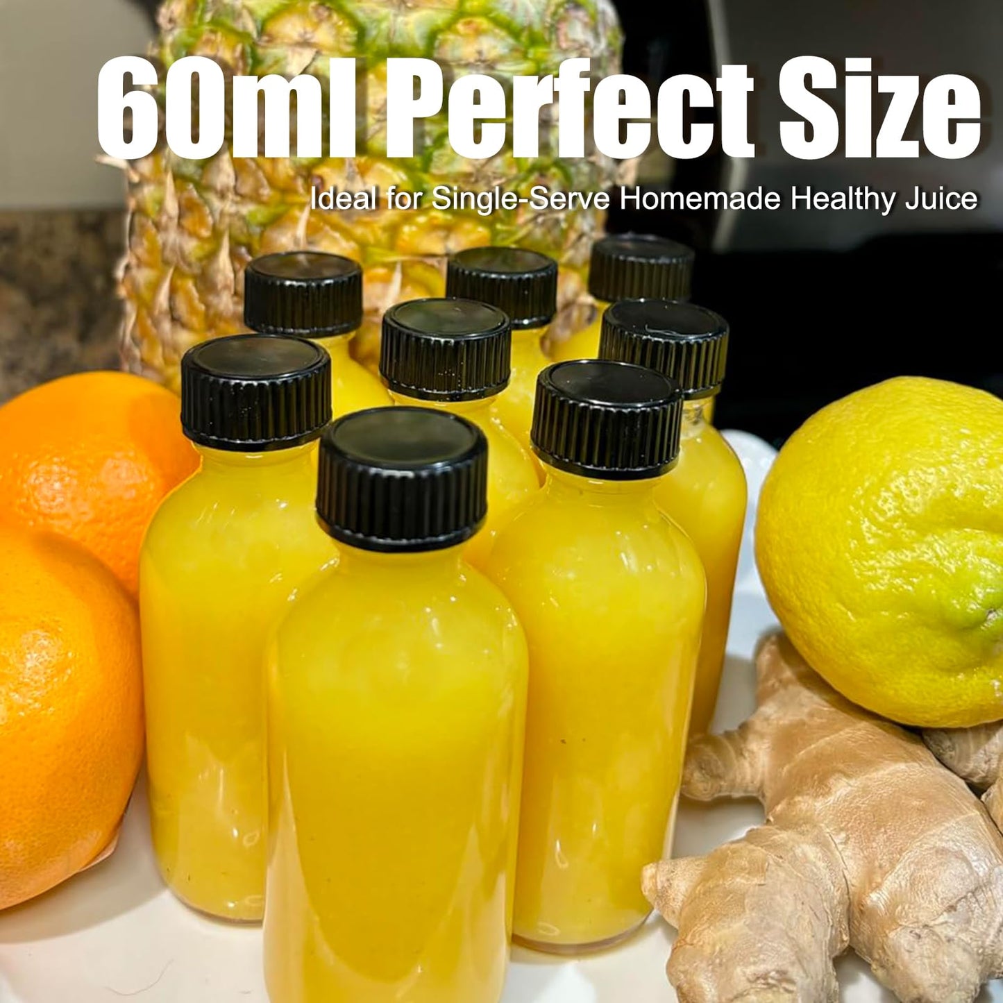 FANSTINOW 2 oz (60ml) 8 Pack Leak-Proof Clear Glass Boston Round Bottles with lids - Mini Travel Containers for Ginger Shots, Juice, Whiskey, Samples | W/Labels, Funnels & Brushes