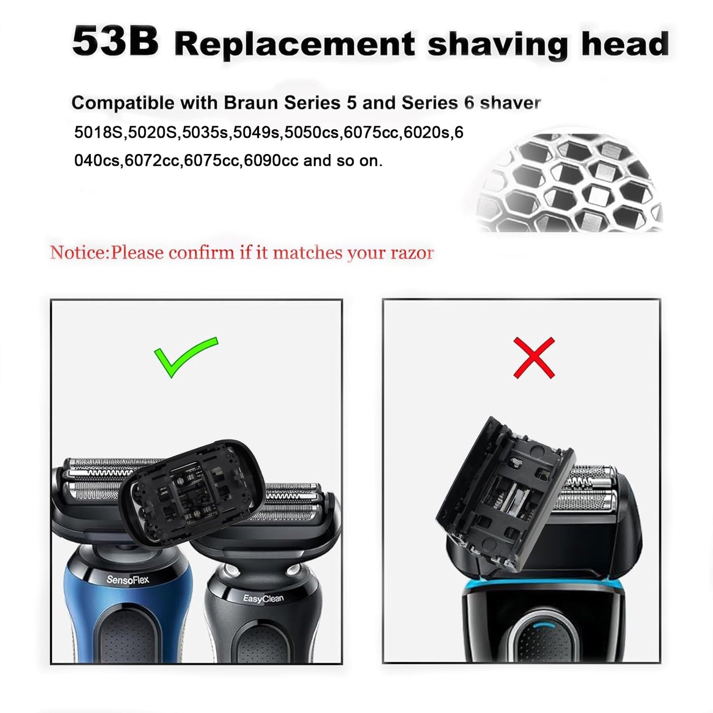 53B Series 5 Replacement Shaver Head Compatible with Braun S5 Replacement Head,53B Blades for Braun Series 5/Series 6 Electric Razor for S6 Replacement Foil and Cutter for 6020s,5020s,5018s