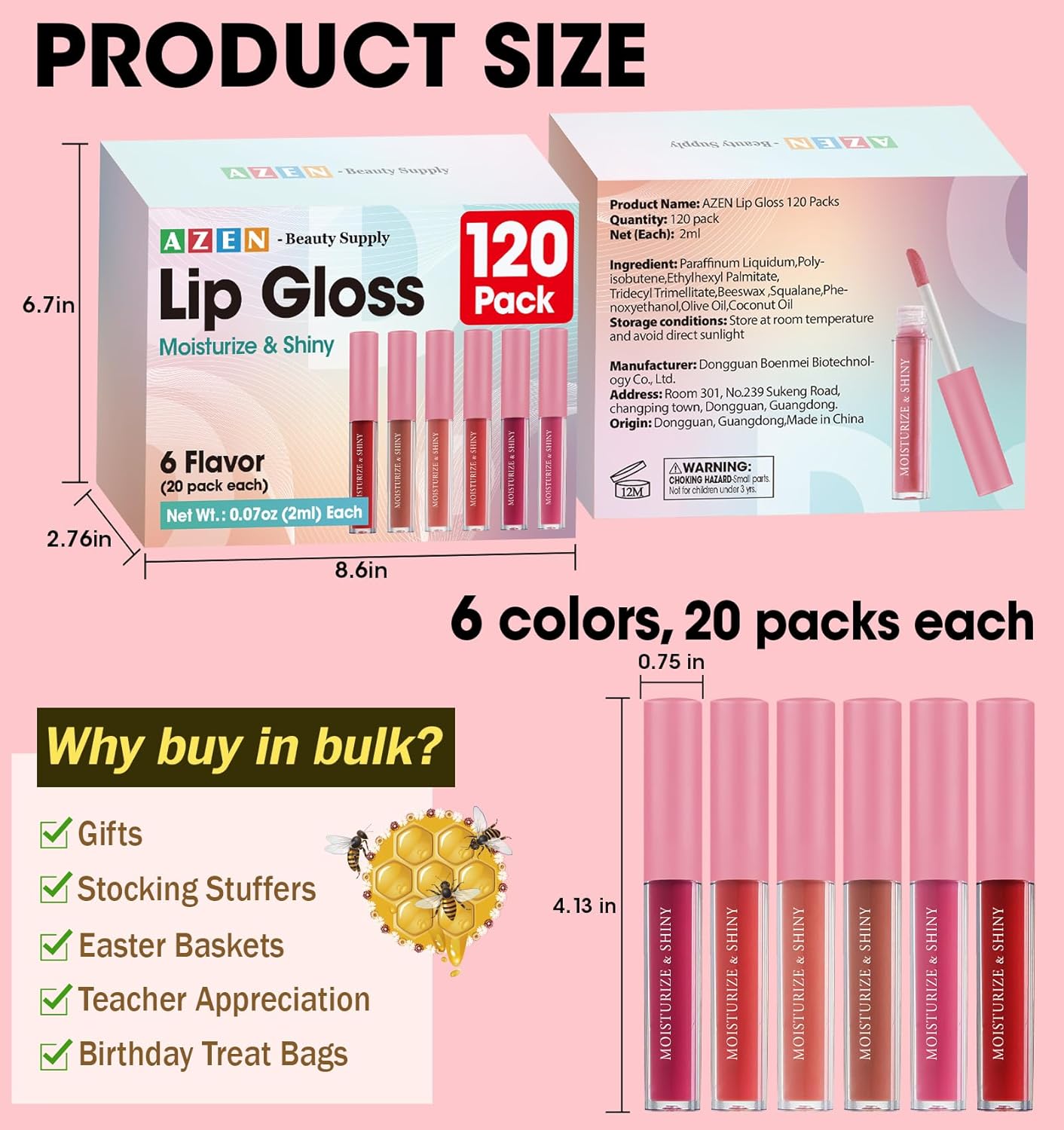 120 Pack Lip Gloss Bulk Set - Shimmery Colors for Women & Girls | Perfect Mother's Day Gift