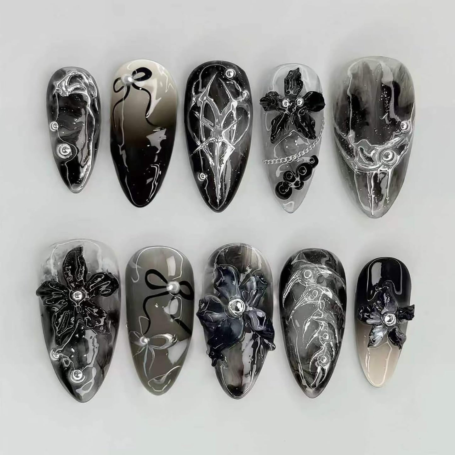 French Tip Press-On Nails - 30pcs Medium Almond Acrylic with 3D Flower & Pearl Design | Reusable Summer Nail Art