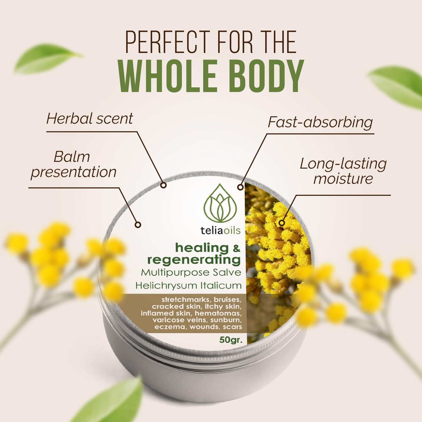 Teliaoils Helichrysum Italicum Multipurpose Salve | Helichrysum Oil | Soothing & Hydrating Relieving Balm | Irritated Skin, Stretch Marks, Varicose Veins & Wrinkles | Adults & Kids | 1.7oz/ 50gr |