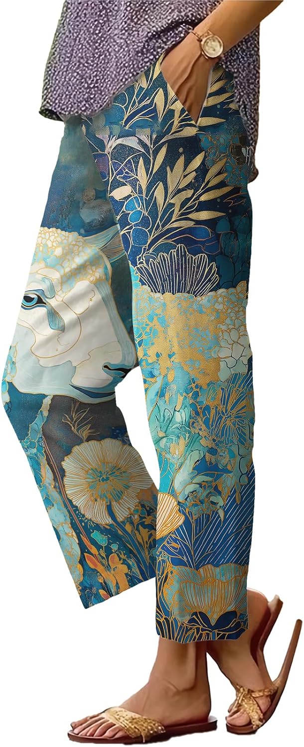 Womens Plus Size Floral Boho Capris - Elastic Waist Beach Trousers | Casual Summer Pants
