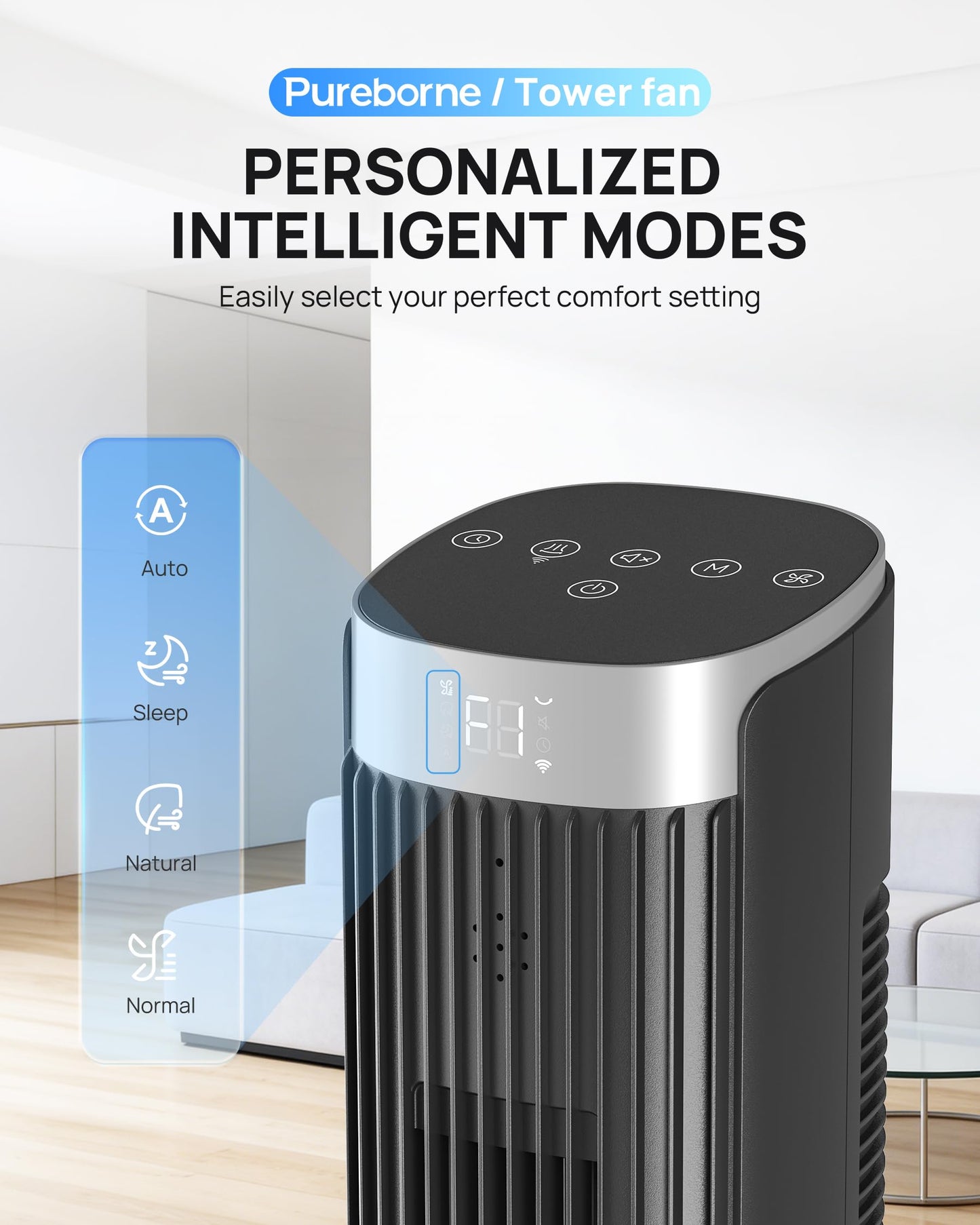Pureborne 42” Tower Fan for Home Bedroom, WiFi, 25dB Ultra-Quiet, Black