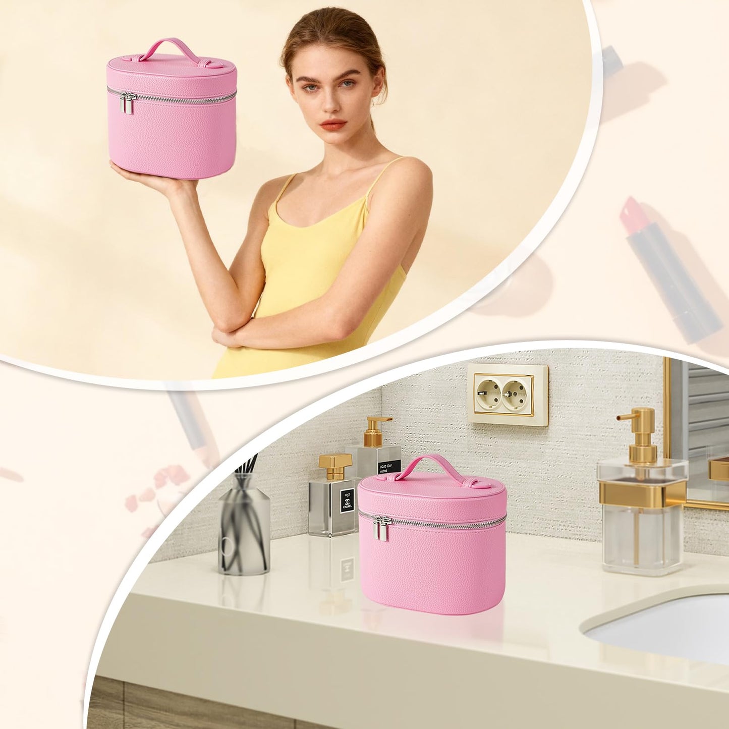 JOVOLIFE Makeup Case, Large Capacity Leather Makeup Bag with Removable Washable Compartment, Portable Waterproof Leather Cosmetic Case, Multi-functional Travel Organizer, Pink