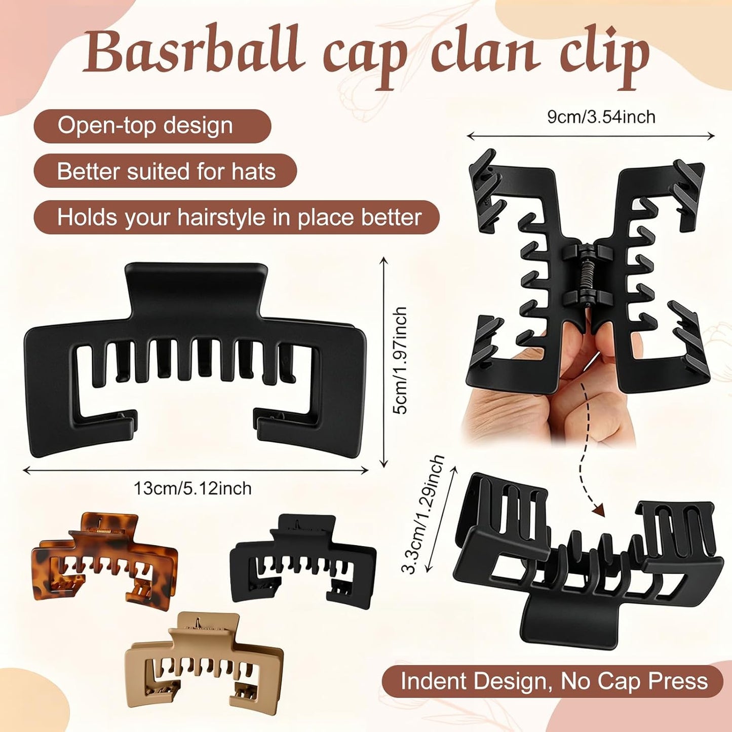 Large Hat Claw Clips for Women - 3 Pcs Non-Slip Strong Hold Hair Accessories | Tortoise Shell Design for Thick & Thin Hair