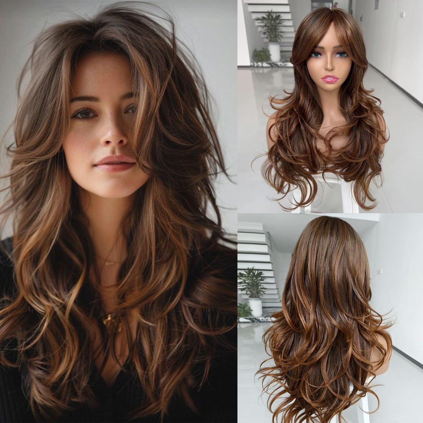 Long Black Wavy Wig for Women - Layered Synthetic Hair with Curtain Bangs | 24-Inch Natural Look