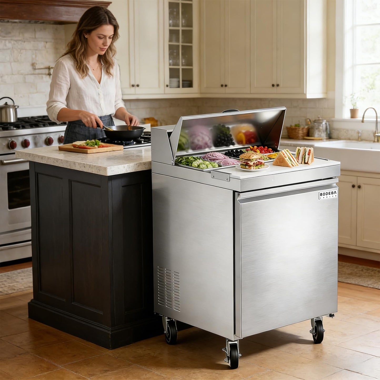 BODEGACOOLER 27" W Sandwich Prep Table Refrigerator, 8.03 Cu.Ft Pizza Prep Table, Commercial Salad Bar with Single Stainless Steel Door, 8*1/6 Pans, Cutting Board for Restaurant,Home,Cafe,Bakery