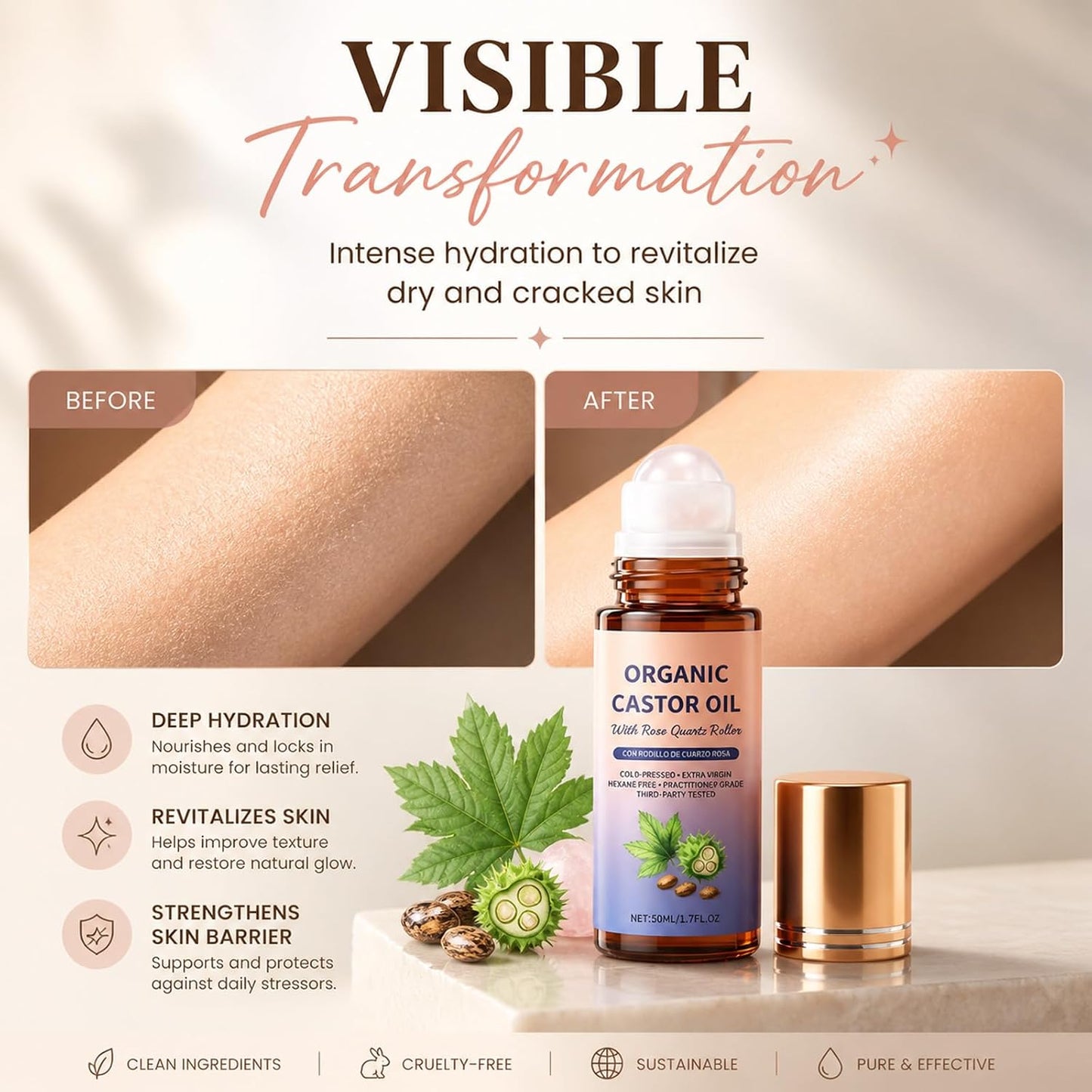 Organic Castor Oil with Rose Quartz Roller - Hydrating Roll-On for Brows, Lashes & Face | Leakproof Travel Bottle