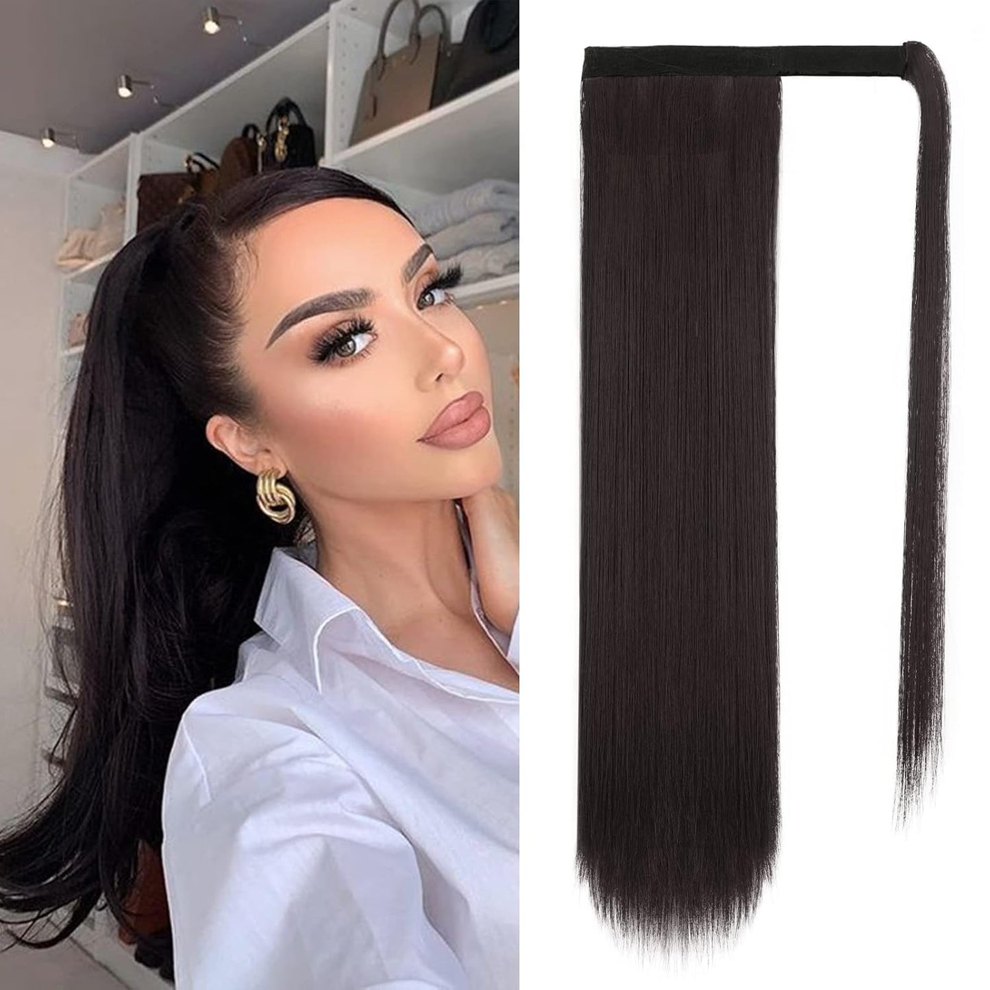 Dark Brown Straight Wrap Ponytail Extension - 24 Inch Clip-In Hairpiece for Black Women | Synthetic Hair
