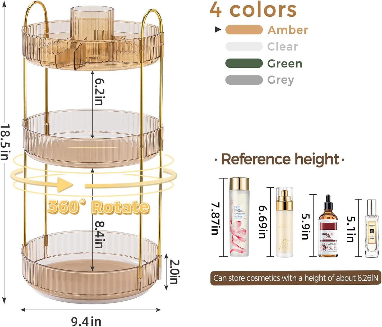 360° Rotating Makeup Organizer - Upgraded 3-Tier Skincare & Perfume Storage | Clear Dresser Organizer with Brush Holder (Amber)