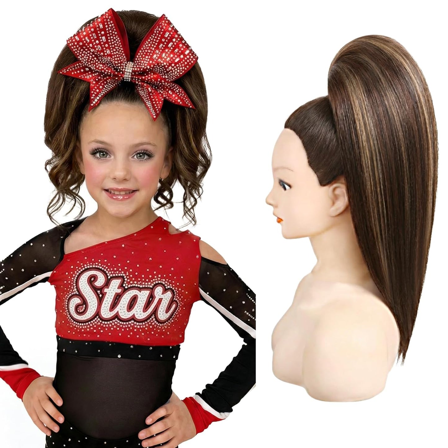 Cheer Ponytail Hair Piece | 100% Real Human Hair, 16" Straight Extension for Dance & Competition - Brown with Blonde Highlights