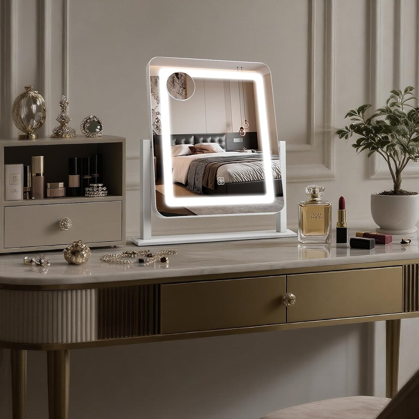 LED Makeup Mirror with Lights - 15" x 12.2" Dimmable Vanity Mirror with Smart Touch & 3-Color Lighting | 360° Rotation, White