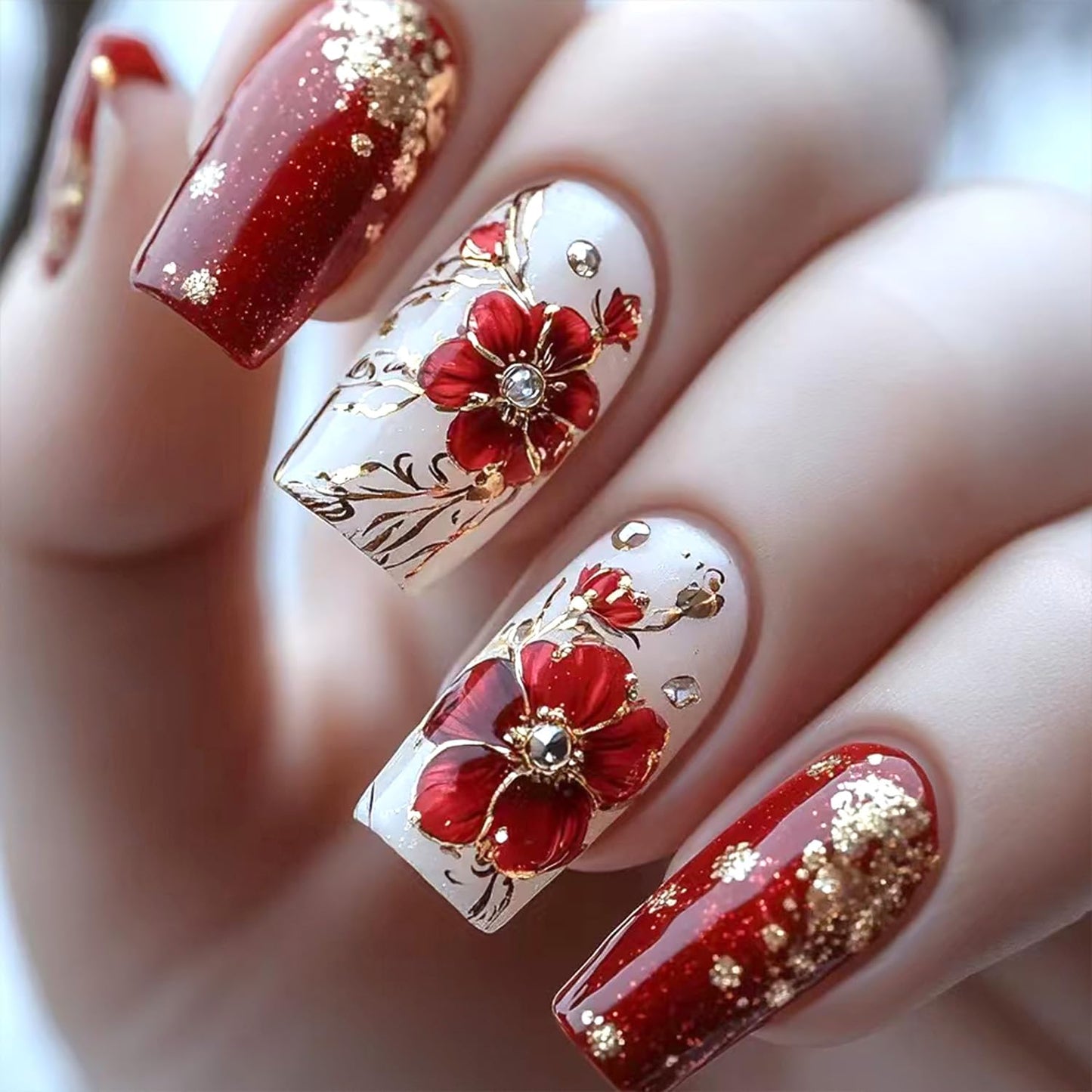 3D Flower Press-On Nails - Medium Square Pink French Tip with Star Rhinestones | Full Cover Artificial Nails for Women