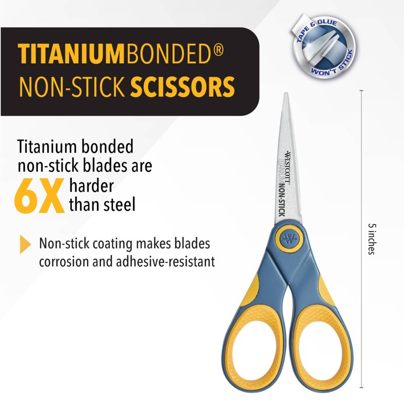 Westcott 5-Inch Non-Stick Titanium Scissors For Office and Home - Glide Adjust Technology - Grey/Yellow Craft, Fabric Scissors - 1 Pack