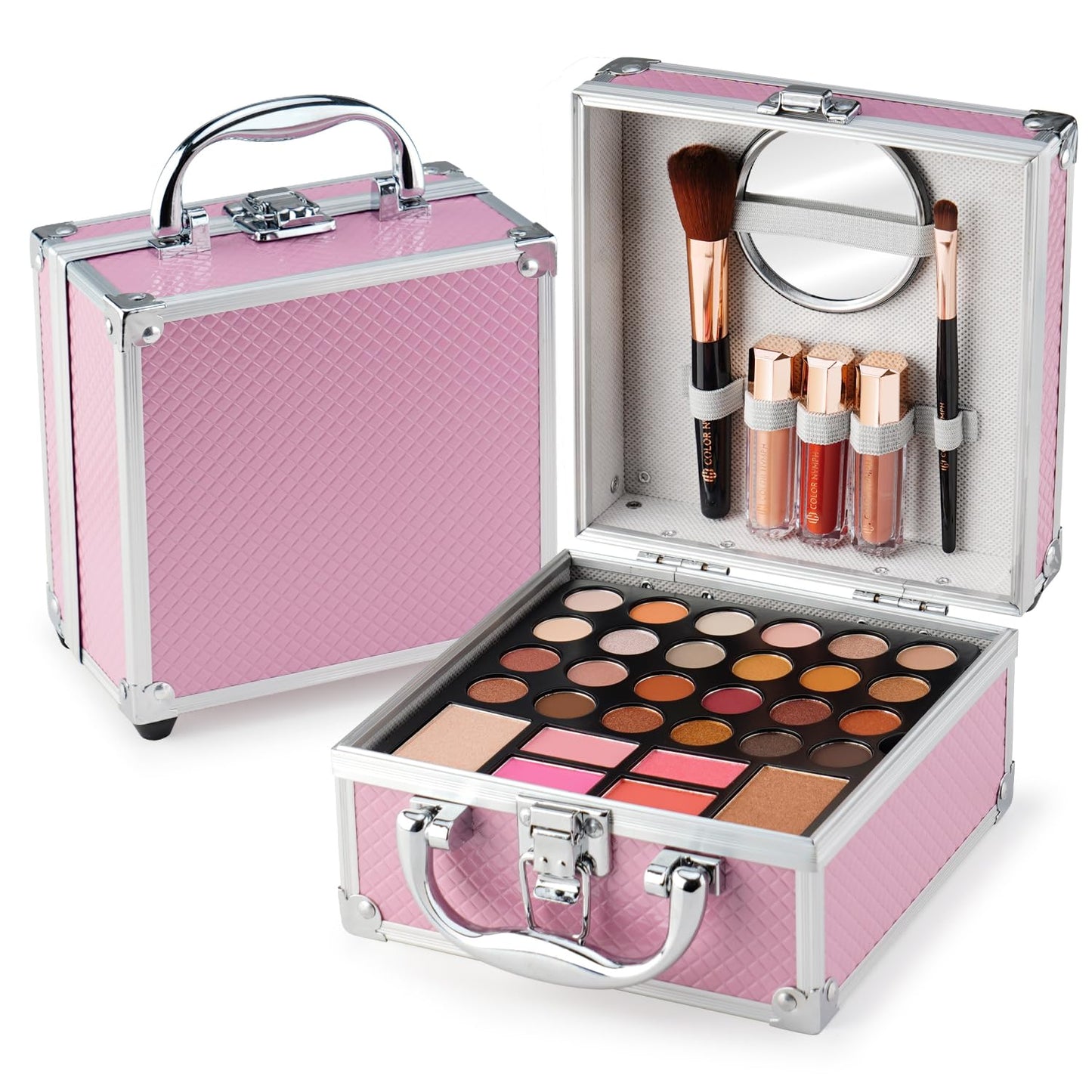 Beginner Makeup Kit for Teens - 24-Color Eyeshadow Palette, Blush, Bronzer & Brushes | Pink Cosmetic Train Case Included